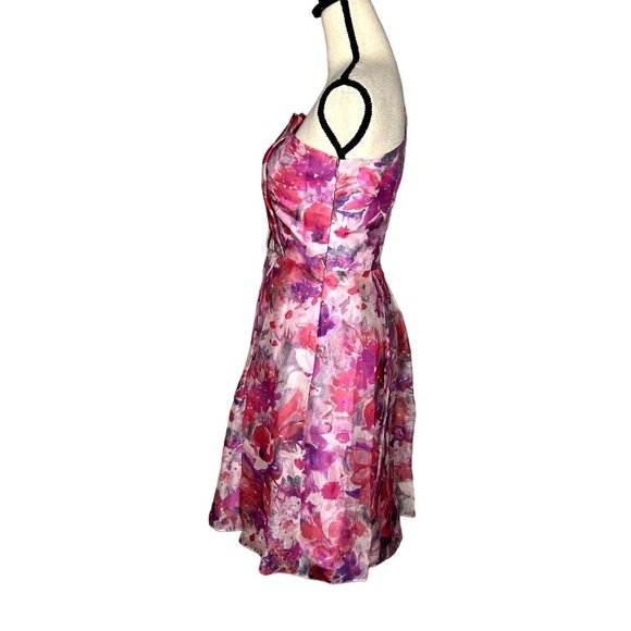 David Meister Pink Floral Watercolor Silk One Shoulder Knee Length Dress Size 2 - Picture 4 of 8